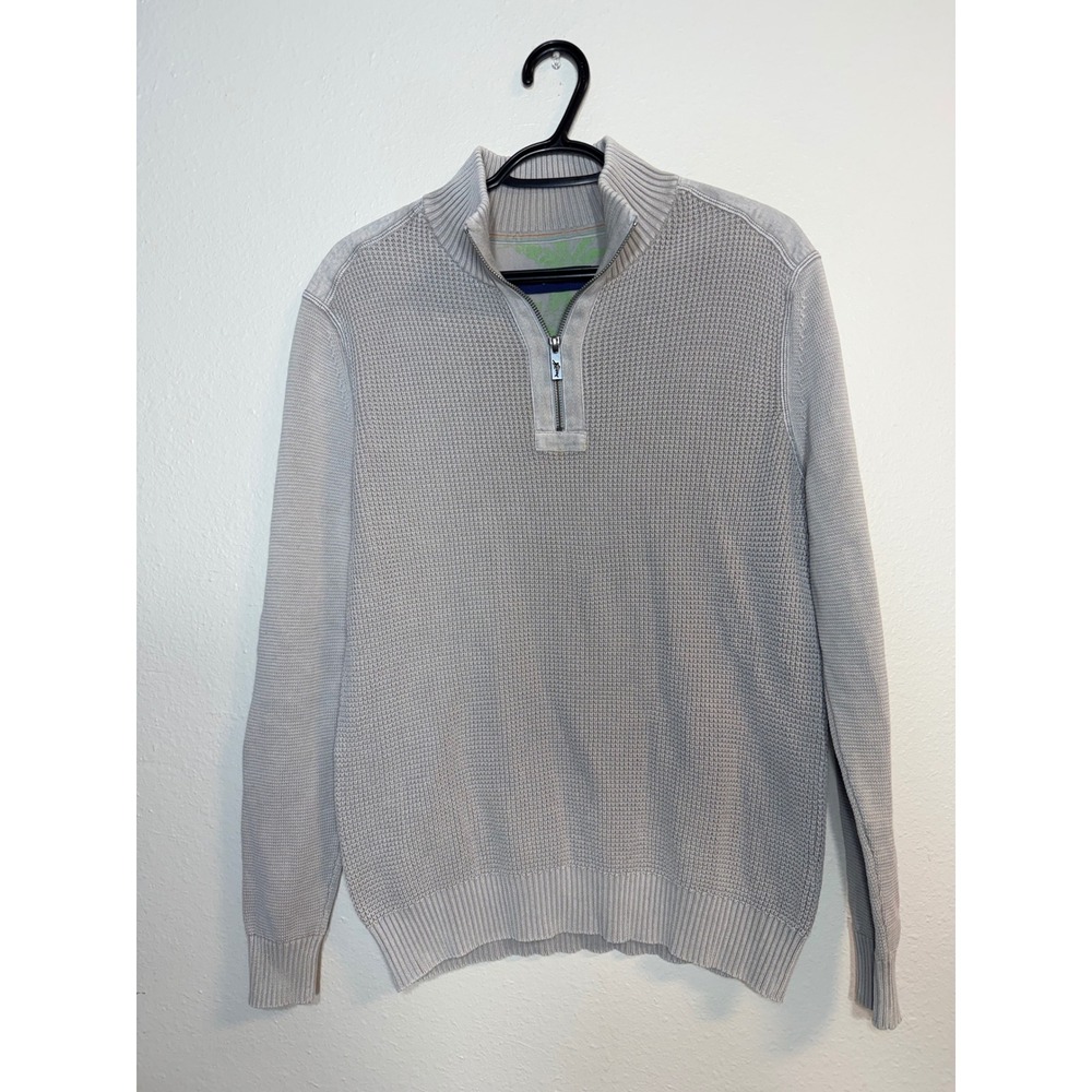 Tommy Bahama Mens Gray 100% Cotton Waffle Knit Quarter Zip Pullover Sweater M
